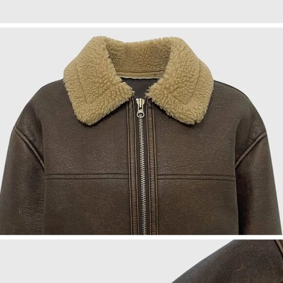Maybebaby Faux Leather Oversized Shearling Bomber Jacket in Brown XS-M - Picture 9 of 12